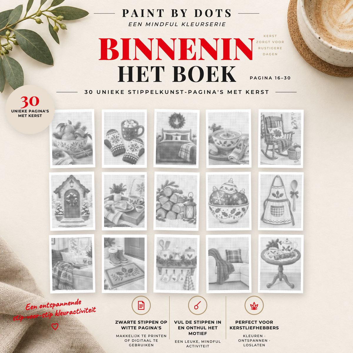 Voorbeelden van printbare Cosy Christmas stippelschilderijen, pagina's 16 tot 30