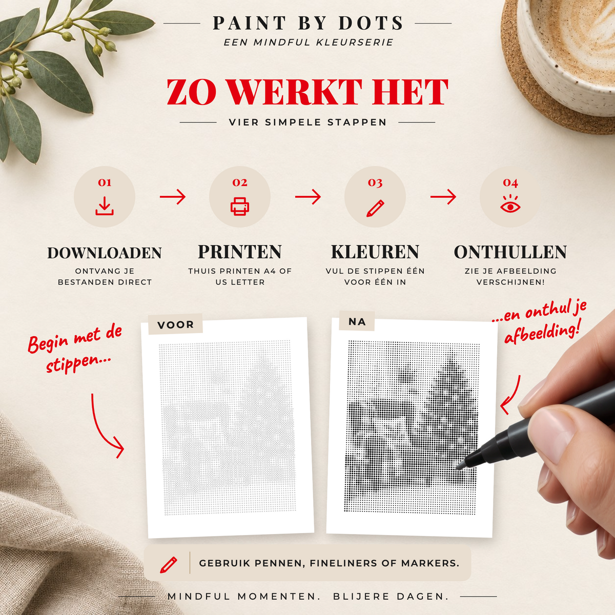 Zo download, print en kleur je de cirkels in het Cosy Christmas stippelschilderij boek