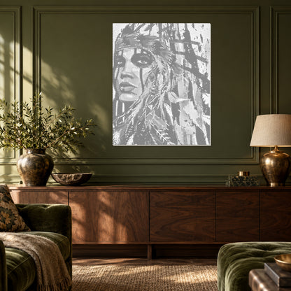 Woestijndroom: Stippelschilderij van een vrouw met verentooi van dichtbij tegen een olijfgroene wand met panelen boven een walnoten console.