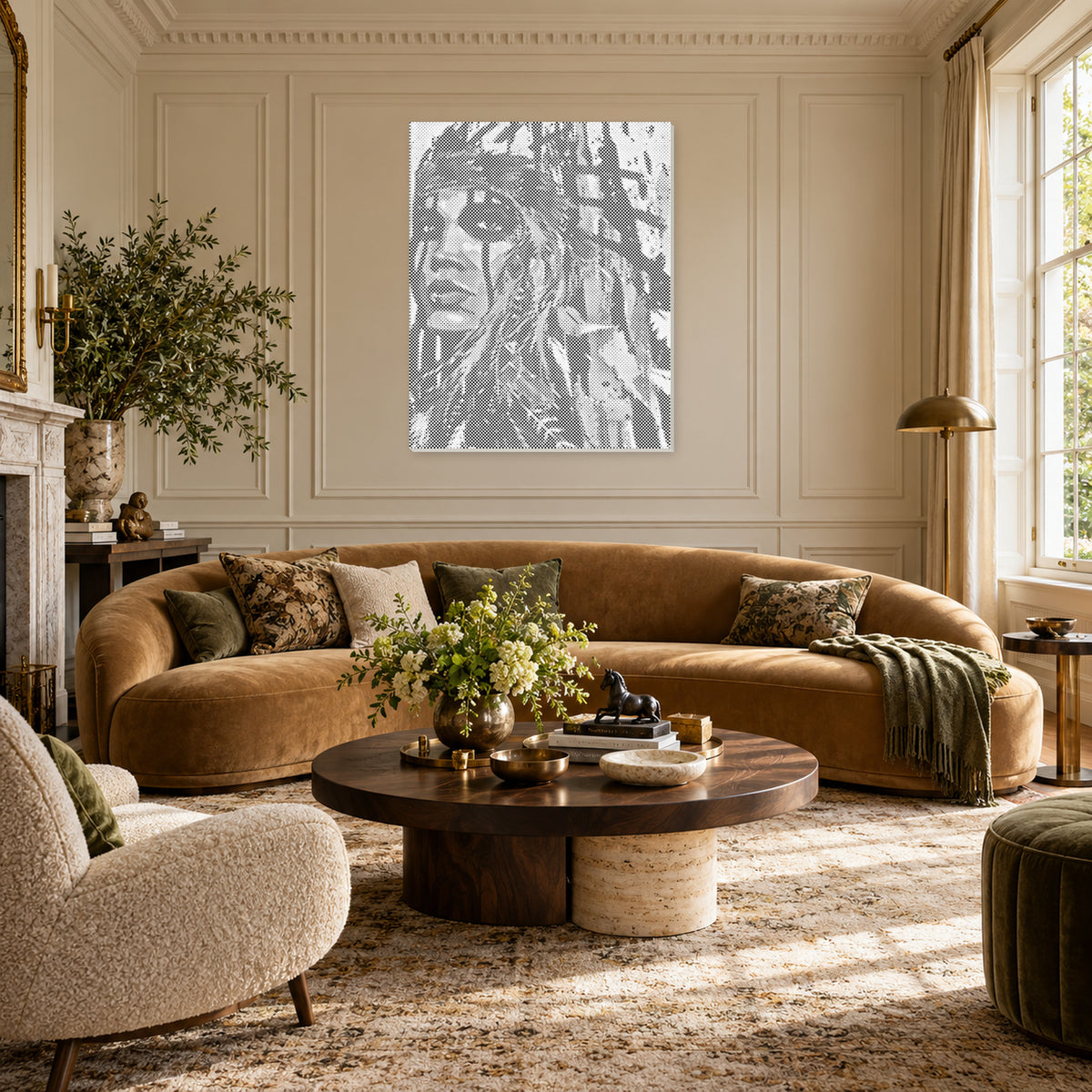 Woestijndroom: Stippelschilderij van een vrouw met verentooi in een luxe woonkamer met ivoorkleurige wandpanelen en een fluwelen bank.