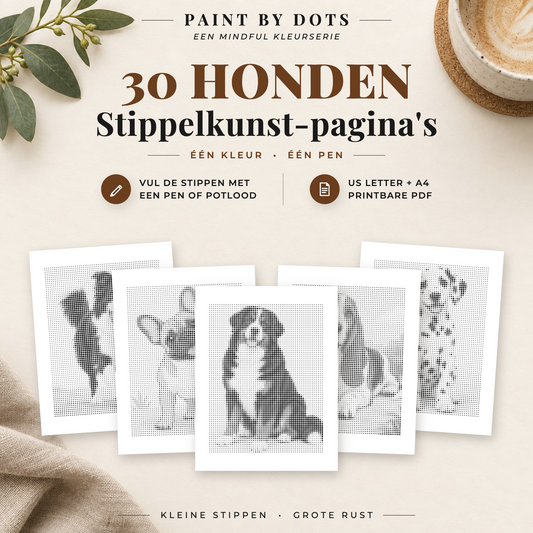 Omslag van het stippenkleurboek met vijf hondenportretten en 30 printbare kleurplaten met honden als PDF in A4 en US Letter.