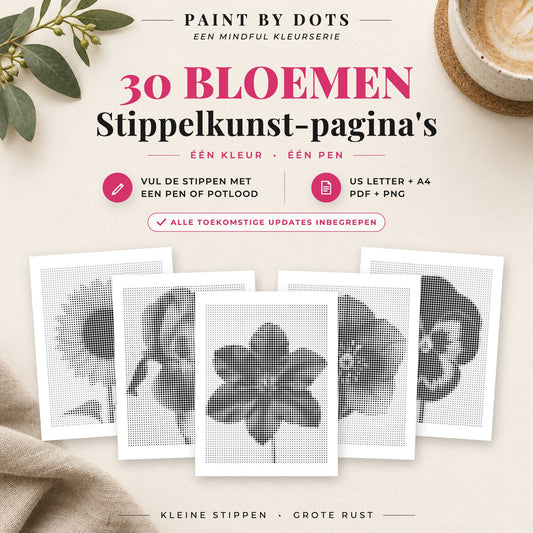 Omslag van het Bloemen stippelschilderij boek met 30 printbare bloemenontwerpen