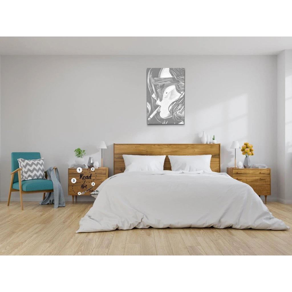 Punktmalerei Leinwand – weibliche Silhouette mit Brille & Zigarette, Pop-Art Look