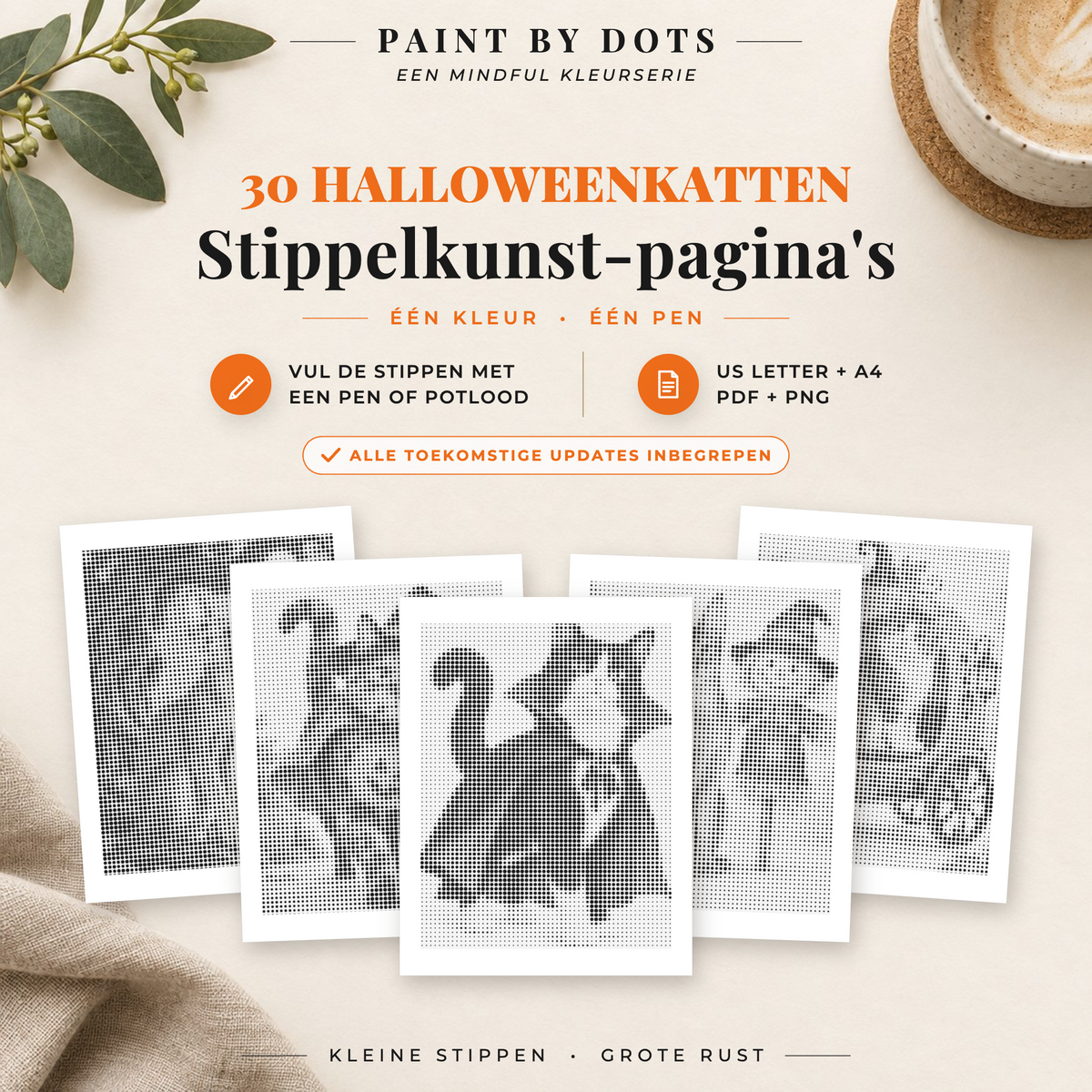 Omslag van het stippelschilderij boek met halloweenkatten en 30 printbare ontwerpen