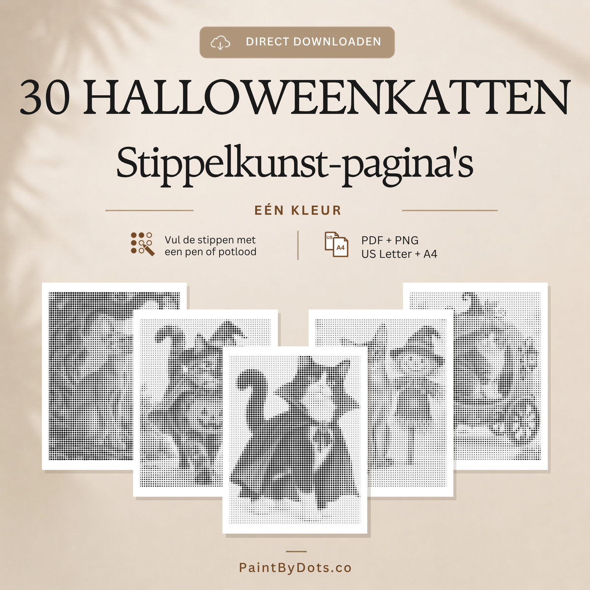 Halloweenkatten als stippelschilderij, 30 printbare PDF- en PNG-ontwerpen