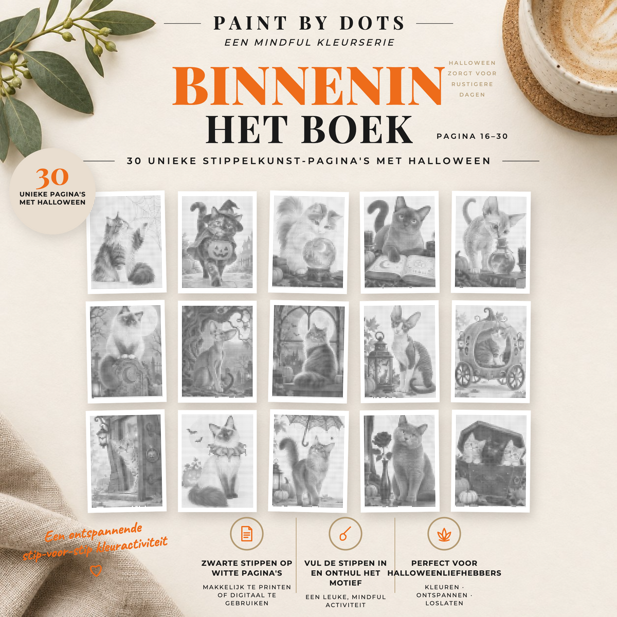 Voorbeelden van printbare stippelschilderijen met halloweenkatten, pagina’s 16–30