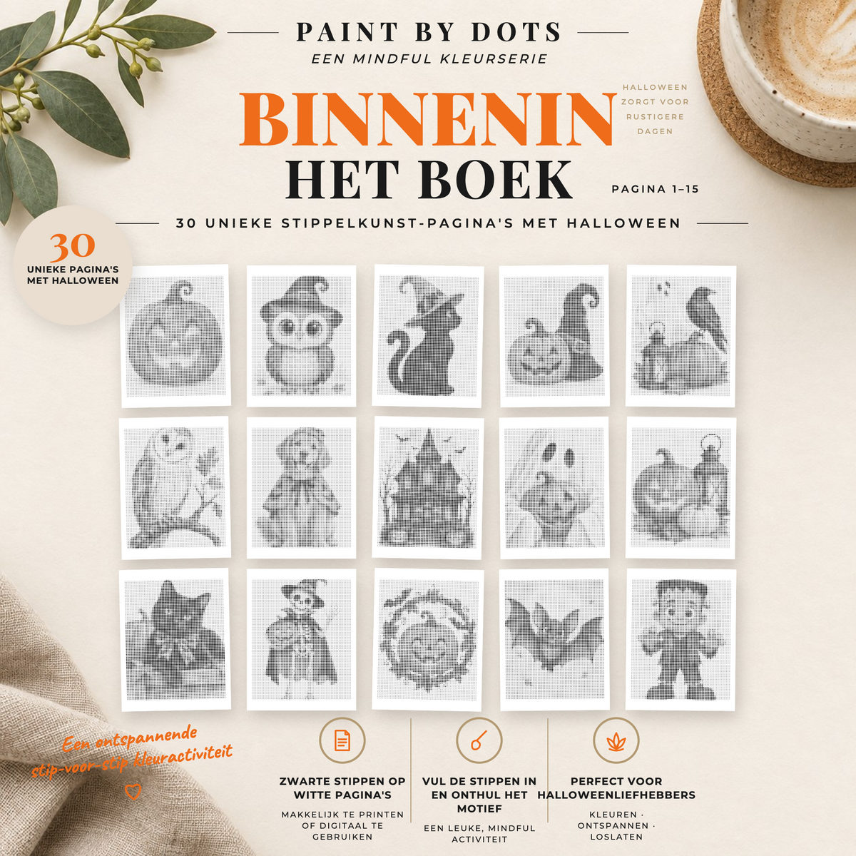 Halloween stippen schilderen – overzicht van printbare ontwerpen 1–15