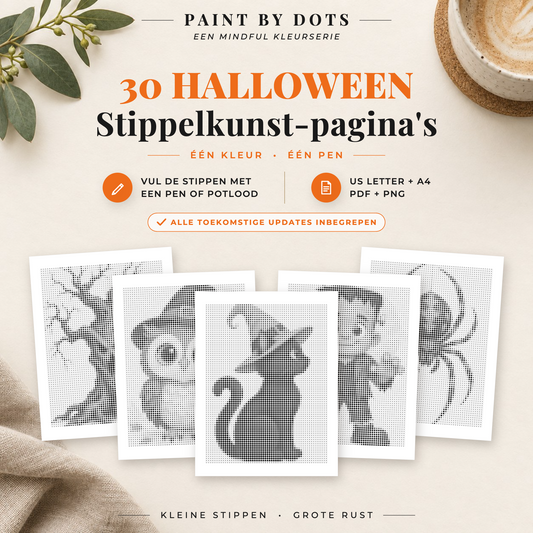 Halloween stippelschilderij boek met 30 printbare ontwerpen in PDF en PNG, A4 en US Letter