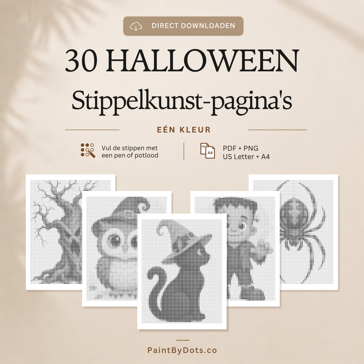 Omslag van het Halloween stippelschilderij boek met 30 printbare ontwerpen in PDF en PNG