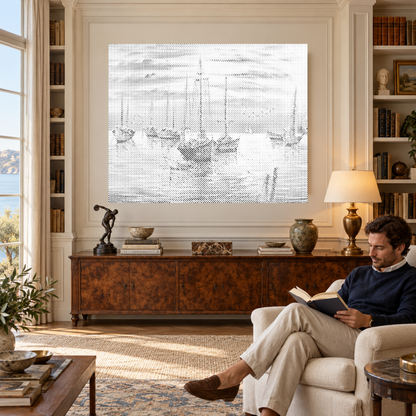 Droomhaven als stippenschilderij in een luxe bibliotheek met wandpanelen, met een man die dichtbij een boek leest.