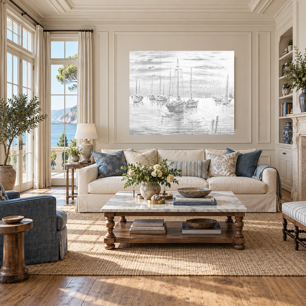 Droomhaven als stippenschilderij in een ruim zicht op een luxe woonkamer aan de kust met ivoorkleurige wandpanelen en een linnen bank.