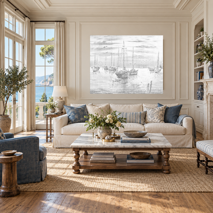 Droomhaven als stippenschilderij in een ruim zicht op een luxe woonkamer aan de kust met ivoorkleurige wandpanelen en een linnen bank.
