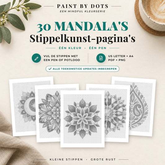 Omslag van het Mandala stippelschilderij boek met 30 printbare mandala-ontwerpen
