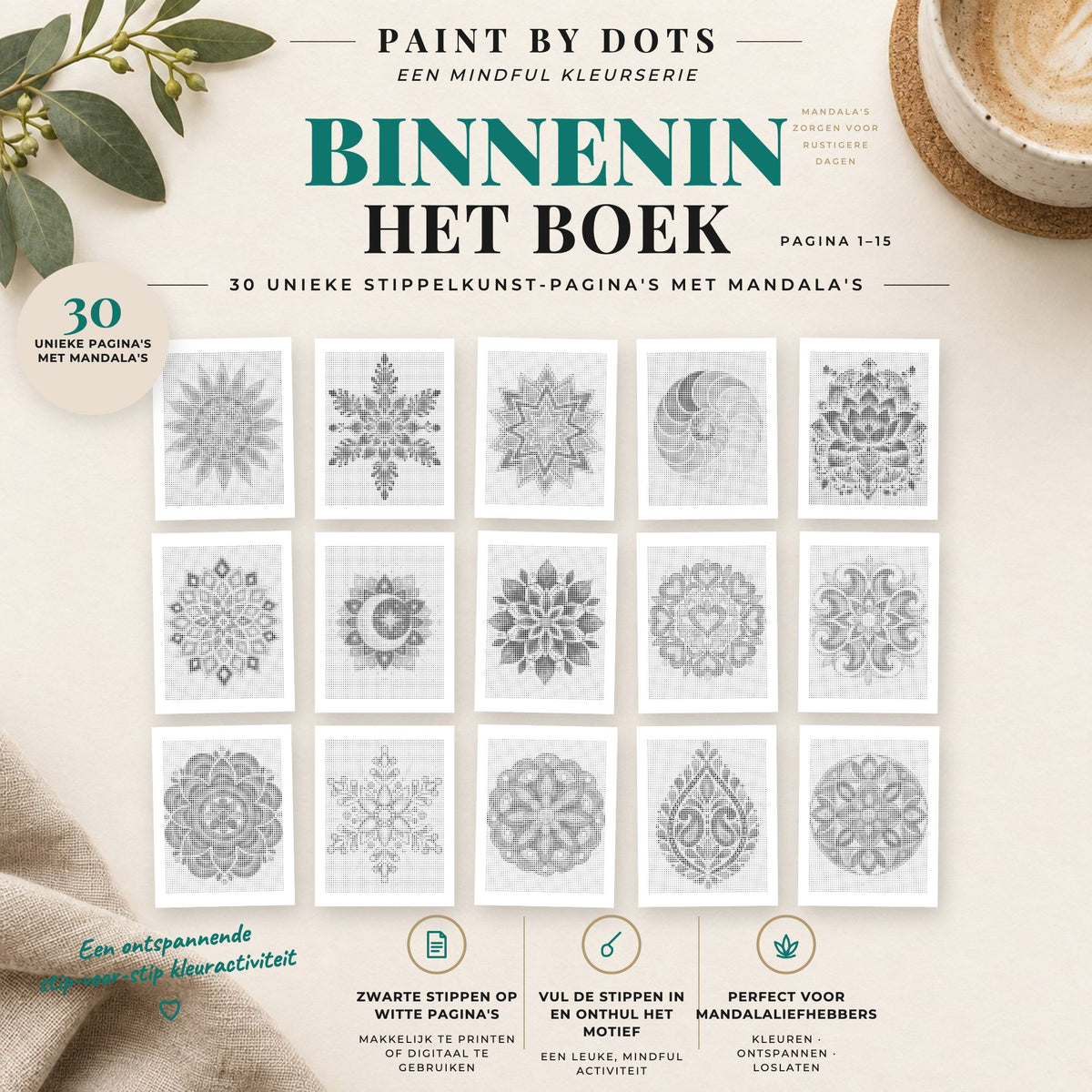 Voorbeelden van printbare Mandala stippelschilderijen, pagina's 1 tot 15