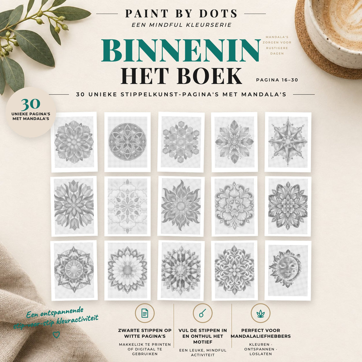 Voorbeelden van printbare Mandala stippelschilderijen, pagina's 16 tot 30