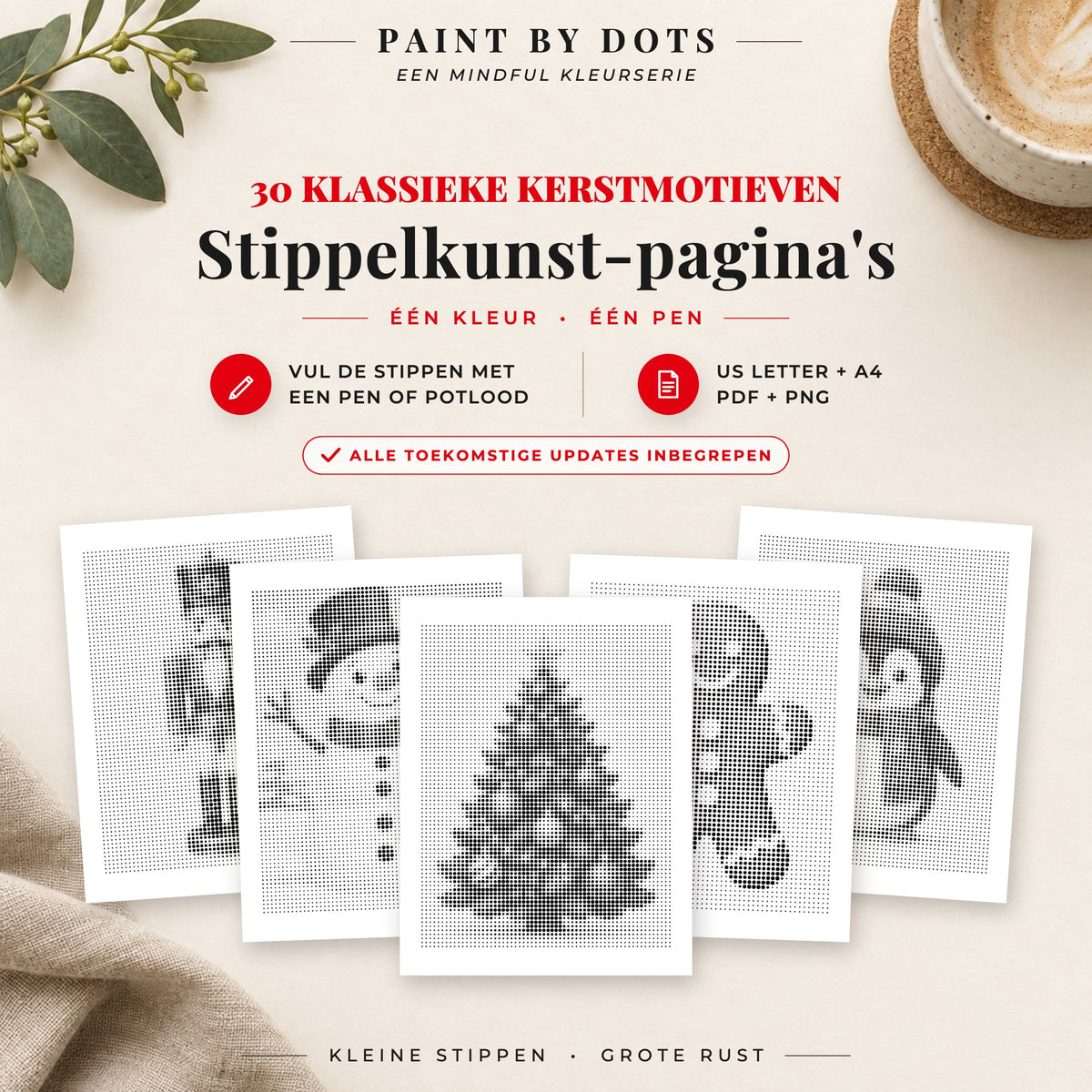 Omslag van het Makkelijke kerst stippelschilderij boek met 30 printbare makkelijke kerstontwerpen