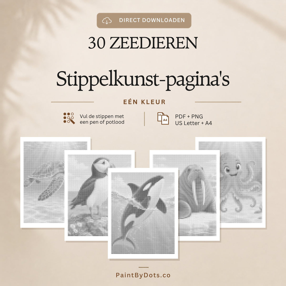 Zeedieren digitale download met 30 printbare stippelschilderij pagina's (dot painting)