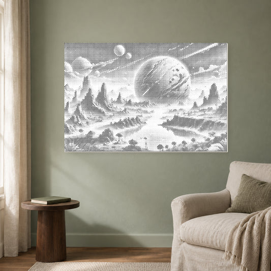 Canvas met een abstracte planeet in stippen aan een saliegroene muur naast een linnen fauteuil, met daglicht van links.