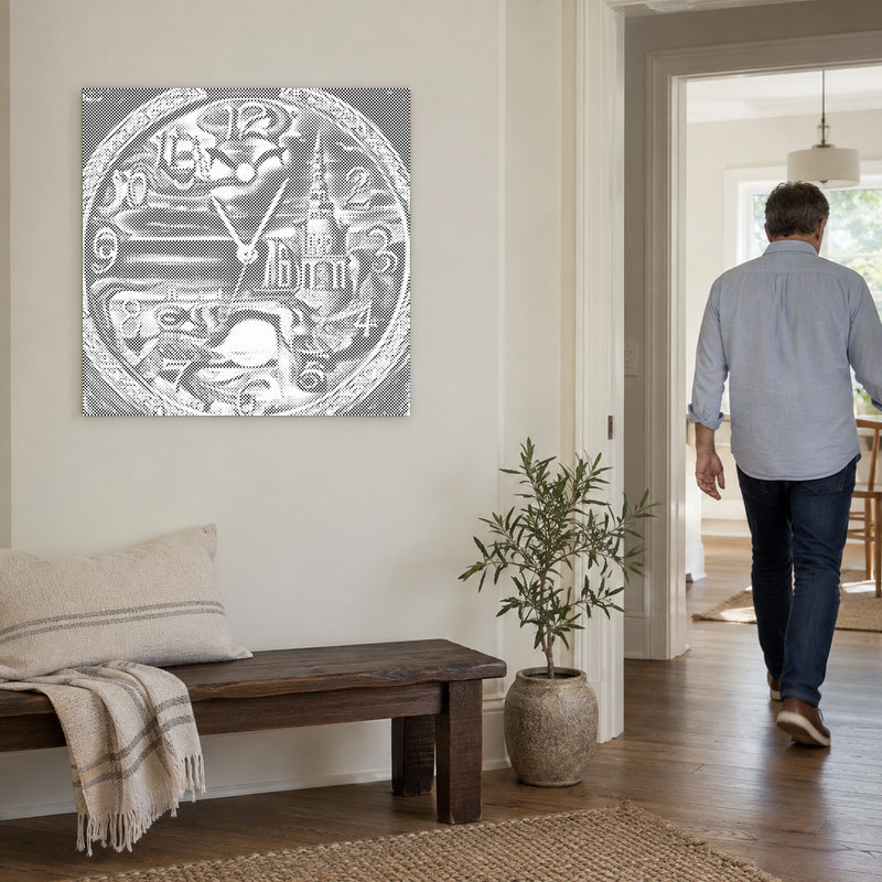 Stippenschilderij “Abstracte Wandklok”, aan een lichte muur, met iemand die door de deur ernaast loopt.