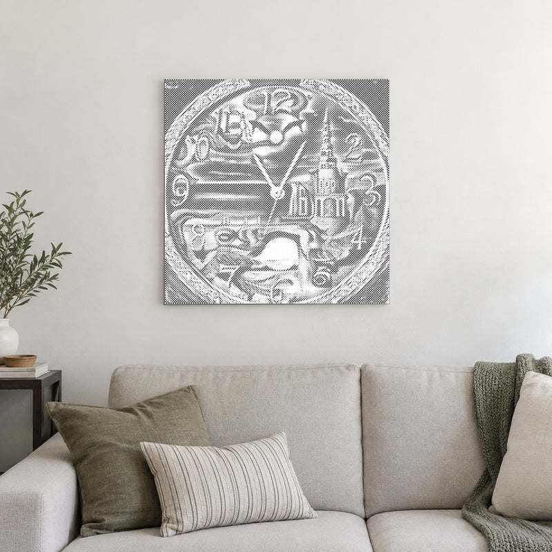 Stippenschilderij “Abstracte Wandklok”, aan een lichte muur in een kamer met zacht daglicht.