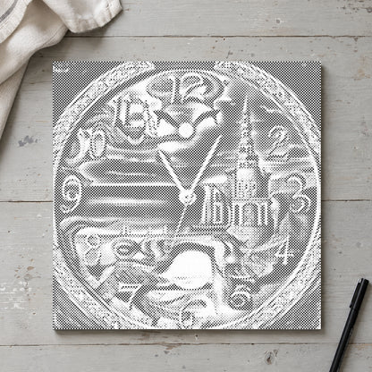 Stippenschilderij “Abstracte Wandklok”, van bovenaf op een werktafel bij zacht daglicht.