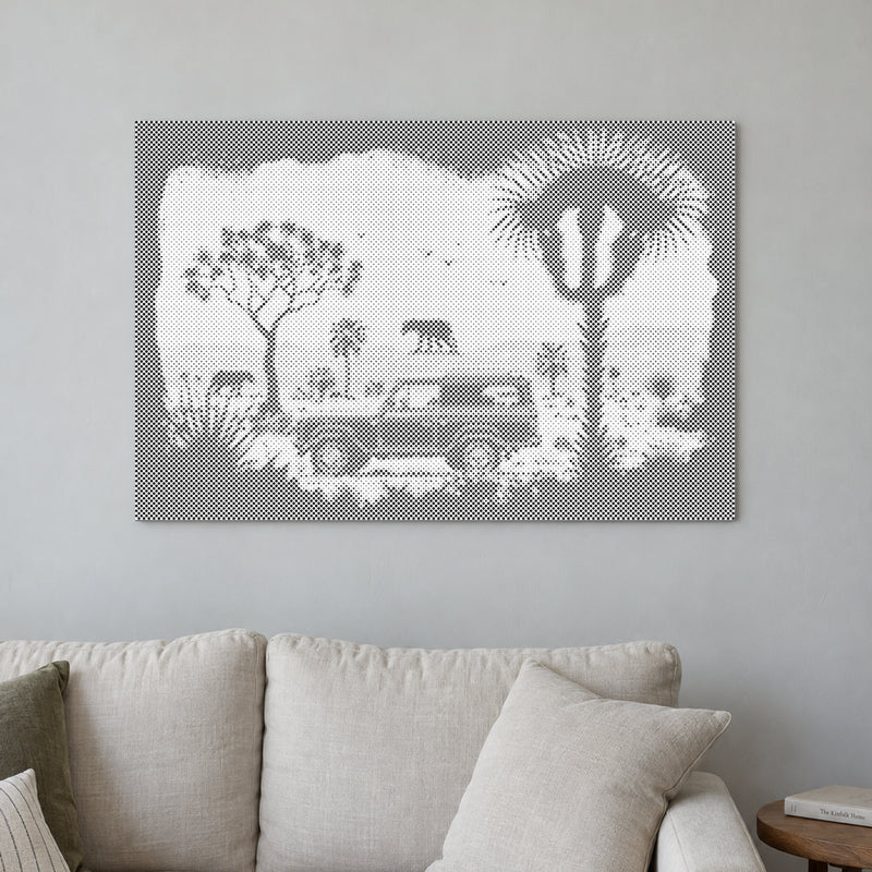 Stippenschilderij “Avontuur in de wildernis”, aan een lichte muur in een kamer met zacht daglicht.