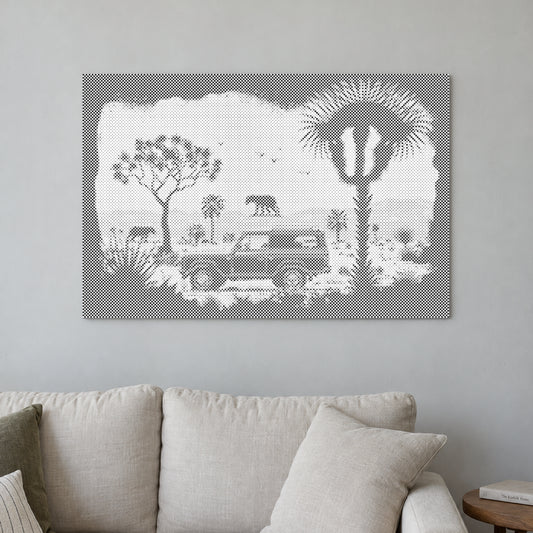 Stippenschilderij “Avontuur in de wildernis”, aan een lichte muur in een kamer met zacht daglicht.