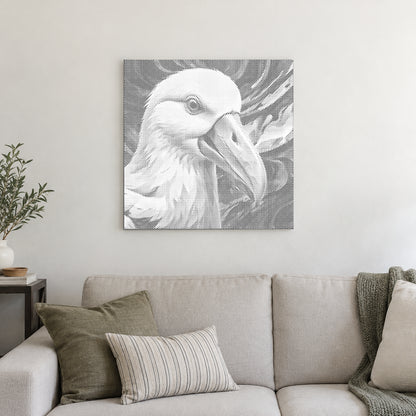 Stippenschilderij “Albatros”, aan een lichte muur in een kamer met zacht daglicht.