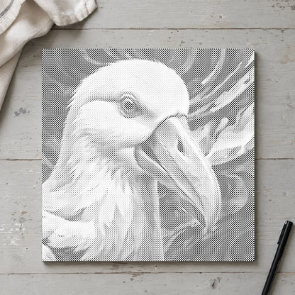 Stippenschilderij “Albatros”, van bovenaf op een werktafel bij zacht daglicht.