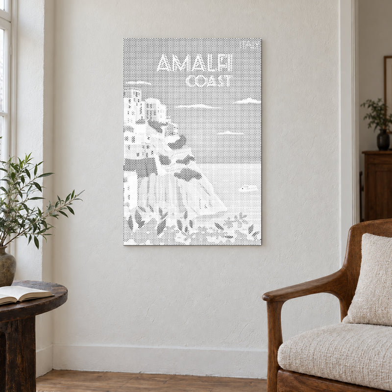 Stippenschilderij “Amalfikust”, aan een lichte muur in een kamer met zacht daglicht.
