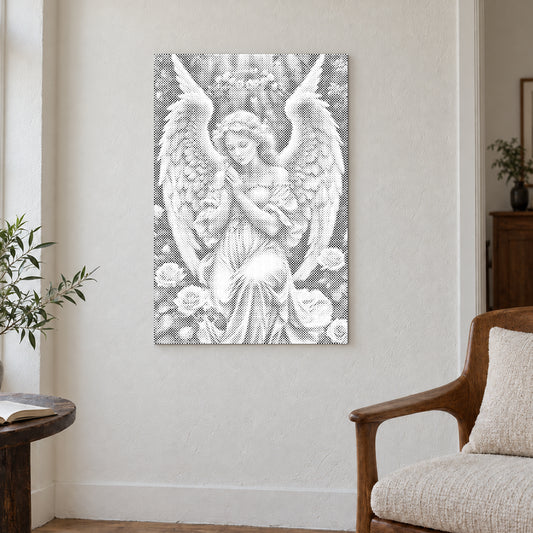 Stippenschilderij “Engel met delicate rozen”, aan een ivoorkleurige muur naast een houten fauteuil.