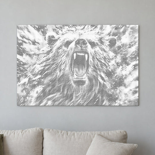 Stippenschilderij “Boze Beer”, aan een lichte muur in een kamer met zacht daglicht.