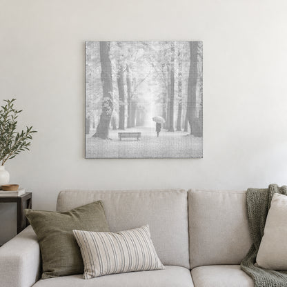 Stippenschilderij “Herfstbos”, aan een lichte muur in een kamer met zacht daglicht.