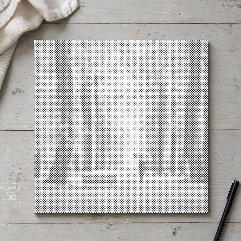 Stippenschilderij “Herfstbos”, van bovenaf op een werktafel bij zacht daglicht.