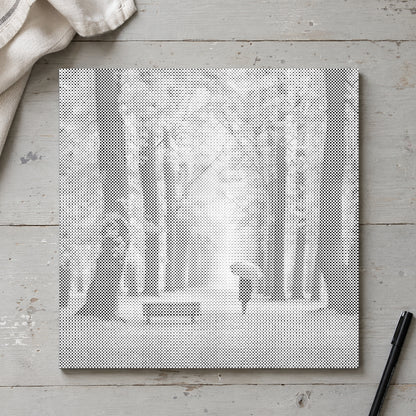 Stippenschilderij “Herfstbos”, van bovenaf op een werktafel bij zacht daglicht.