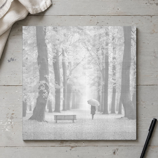 Stippenschilderij “Herfstbos”, van bovenaf op een werktafel bij zacht daglicht.