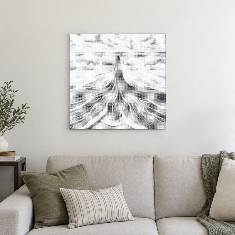 Stippenschilderij “Tussen hemel en zee”, aan een lichte muur in een kamer met zacht daglicht.
