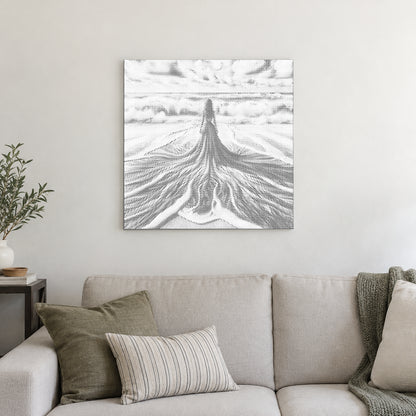 Stippenschilderij “Tussen hemel en zee”, aan een lichte muur in een kamer met zacht daglicht.