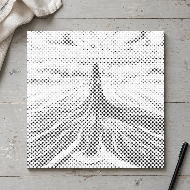 Stippenschilderij “Tussen hemel en zee”, van bovenaf op een werktafel bij zacht daglicht.