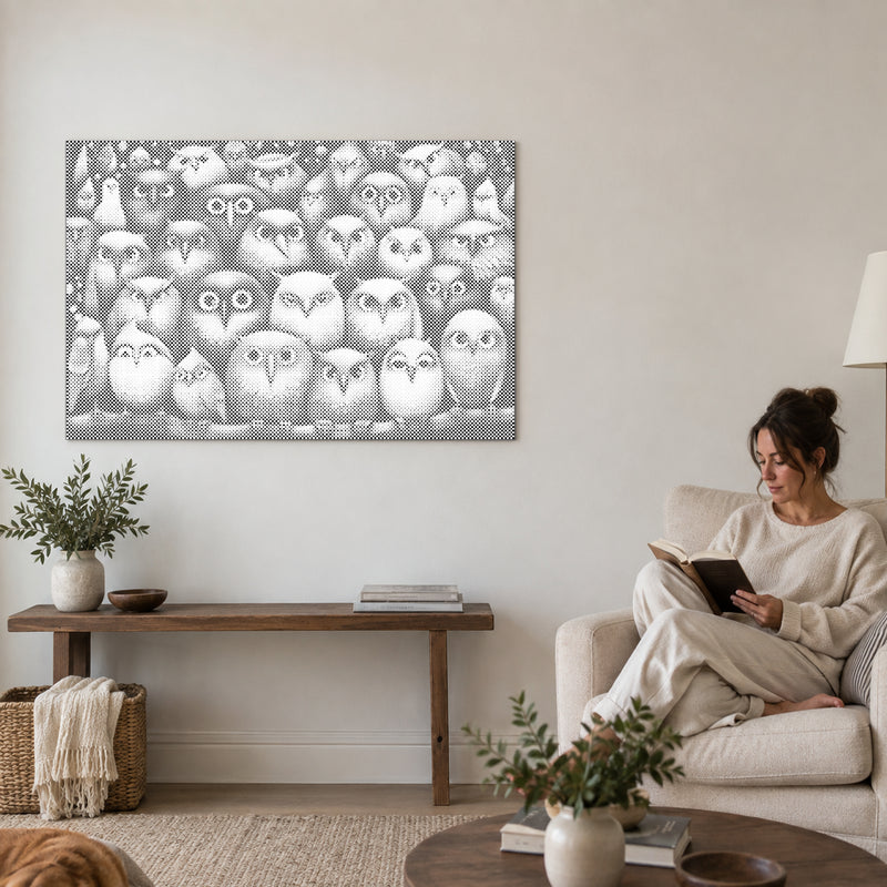 Stippenschilderij “Vogels Vogels Vogels”, aan een muur in de woonkamer, met iemand die ernaast in een fauteuil leest.