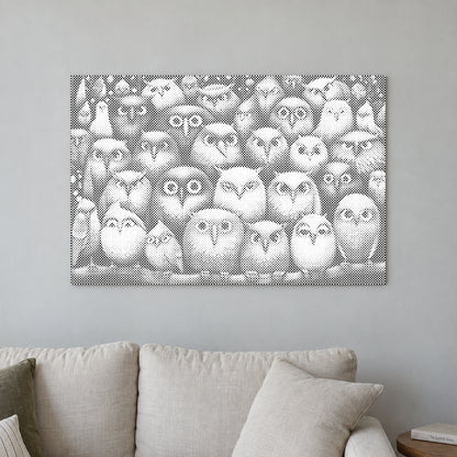 Stippenschilderij “Vogels Vogels Vogels”, aan een lichte muur in een kamer met zacht daglicht.