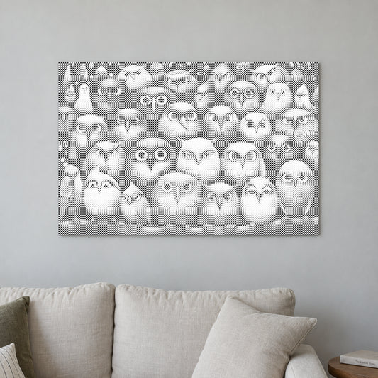Stippenschilderij “Vogels Vogels Vogels”, aan een lichte muur in een kamer met zacht daglicht.