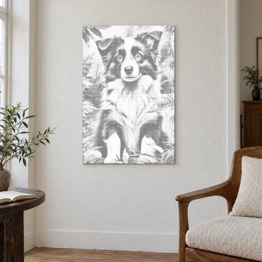 Stippenschilderij “Border Collie Puppy”, aan een lichte muur in een kamer met zacht daglicht.
