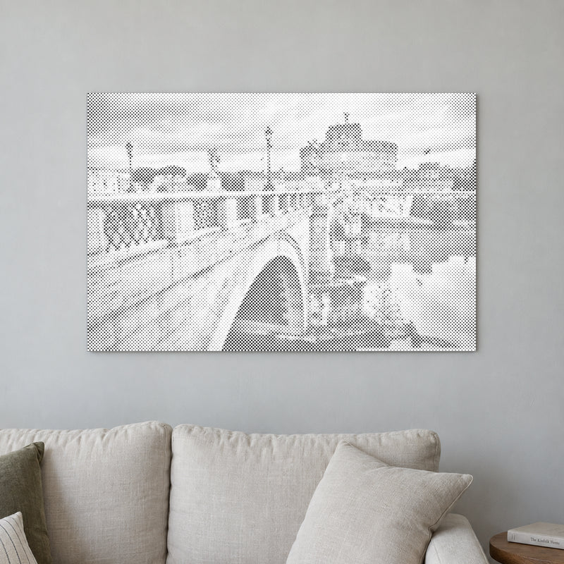 Stippenschilderij “Castel Sant'Angelo Rome”, aan een lichte muur in een kamer met zacht daglicht.