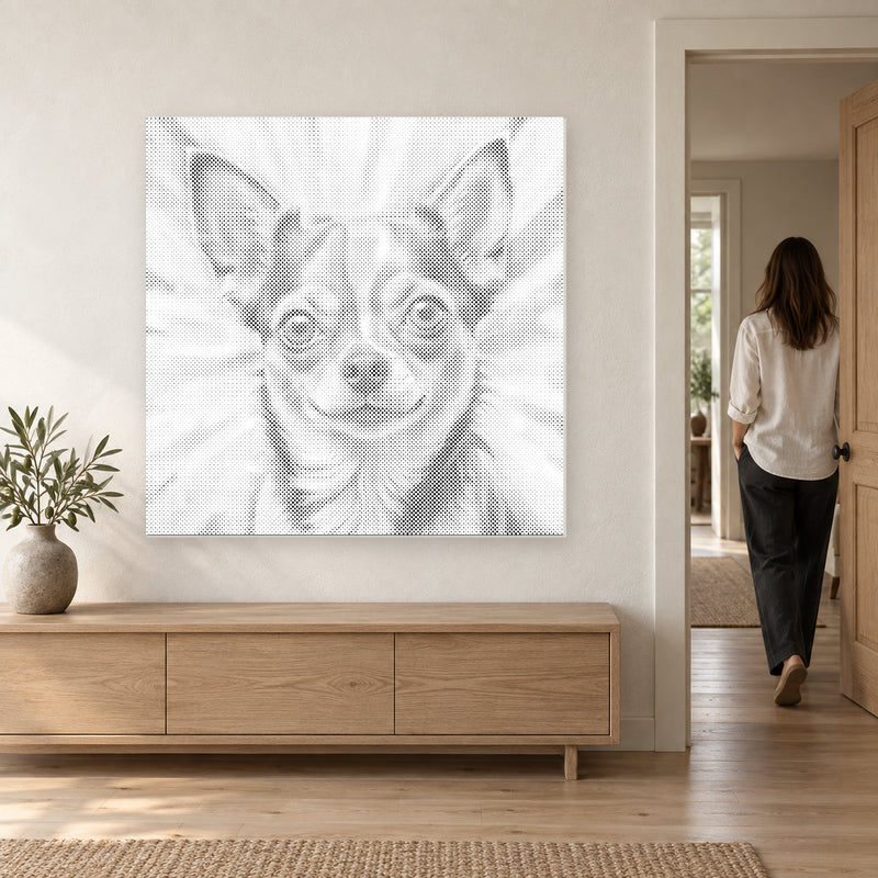 Canvas met een chihuahua in stippen boven een eiken sidetable, terwijl iemand door de deur de kamer verlaat.