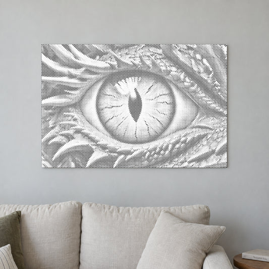 Stippenschilderij “Drakenoog”, aan een lichte muur in een kamer met zacht daglicht.