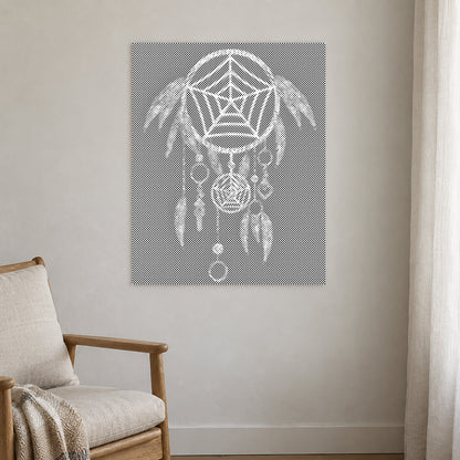 Stippenschilderij “Dromenvanger”, aan een lichte muur in een kamer met zacht daglicht.