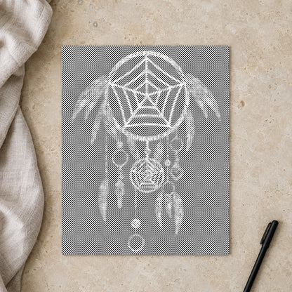Stippenschilderij “Dromenvanger”, van bovenaf op een werktafel bij zacht daglicht.