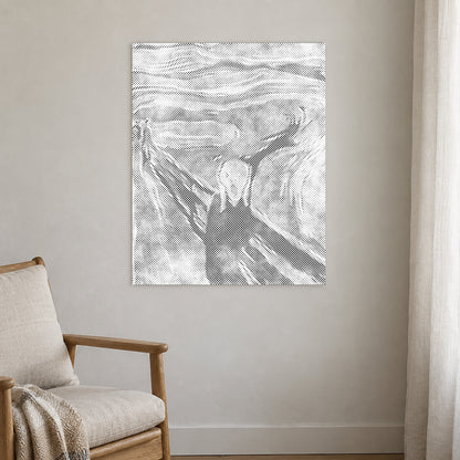 Stippenschilderij “Edvard Munch De Schreeuw”, aan een lichte muur in een kamer met zacht daglicht.