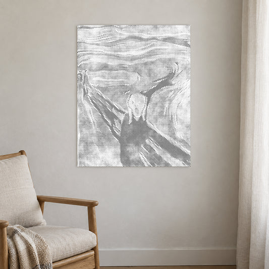Stippenschilderij “Edvard Munch De Schreeuw”, aan een lichte muur in een kamer met zacht daglicht.